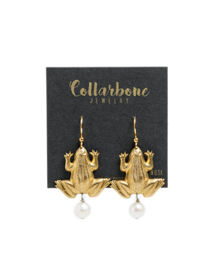 Golden Frog + Pearl Earrings