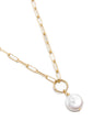 Single Coin Pearl Hang From a Gold Ring and Matte Gold Paperclip Chain Necklace. Close up View at a Side Angle. 