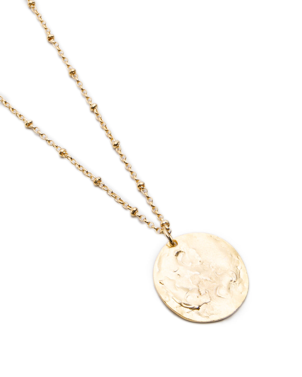 Gold Hammered Full Moon Necklace on Satellite Chain