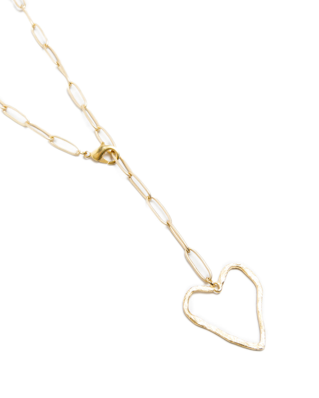 Large Gold Organic Open Heart “Y” Necklace on Paperclip Chain