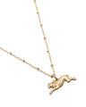Brass Rabbit Charm on a Gold Satellite Chain Necklace. Close up and Side View. 
