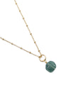 Roman Sea Glass in a Circle Shape Hangs From a Tiny Gold Ring and Matte Gold Satellite Chain. Side View of Necklace and Close Up View. 