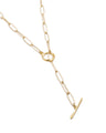 Detailed shot of large gold-plated paperclip Y necklace with toggle clasp.