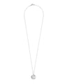 A silver full moon necklace on satellite
chain with white background. 