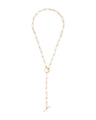 Full product shot of large gold paperclip Y necklace with toggle clasp 