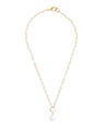 Birds Eye View of Full Necklace. Single Pearl on Gold Ring Drops From Matte Gold Paperclip Chain. Full Shot of Necklace. 