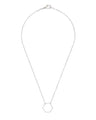 Full product shot of silver, skinny hexagon necklace with double rolo chain on white background.
