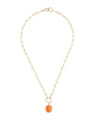 Birds Eye View of Full Necklace. Faceted Oval Coral, Gold Ring and Matte Gold Paperclip Chain Necklace. 
