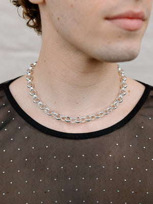 Model Wearing Shiny Silver Jumbo Rolo Necklace