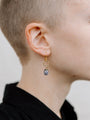 Closer Up Image of Model Wearing Purple “Lucky” Lady Bug Earrings With Gold Ring and Hook