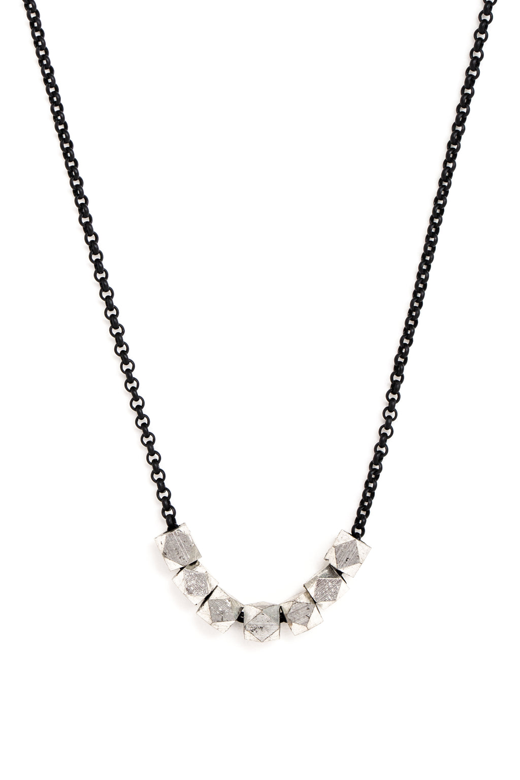 Small Silver Geometric Bead Necklace on Black Chain