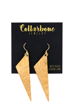 Brass Asymmetrical Triangle Earrings on a Black Card