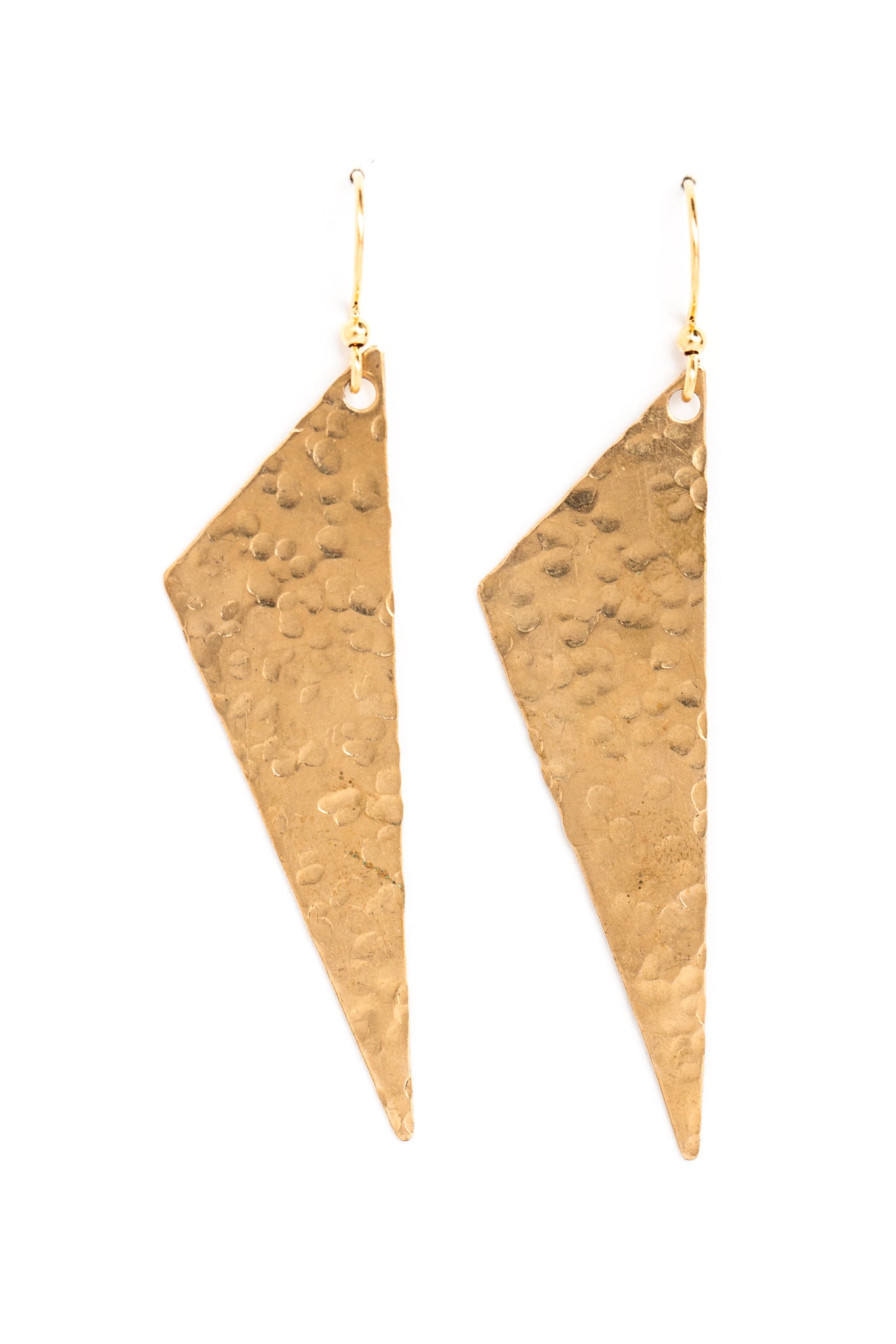 Brass Asymmetrical Triangle Earrings. A handmade piece by Collarbone Jewelry, an independent jewelry maker in Pittsburgh, PA.