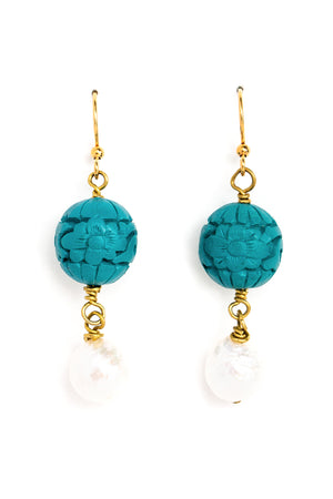 Turquoise Cinnabar + Pearl Earrings