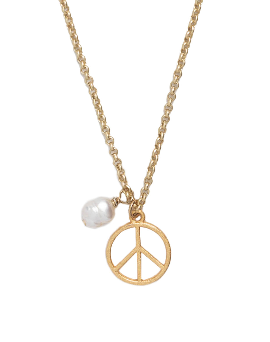 Peace Sign Charm Necklace with Pearl Nugget on Matte Gold Rolo Chain