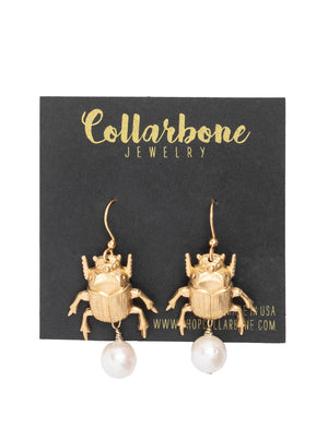 Golden Beetle + Pearl Earrings