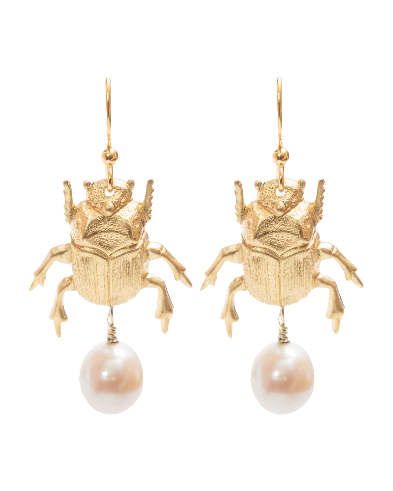 Golden Beetle + Pearl Earrings