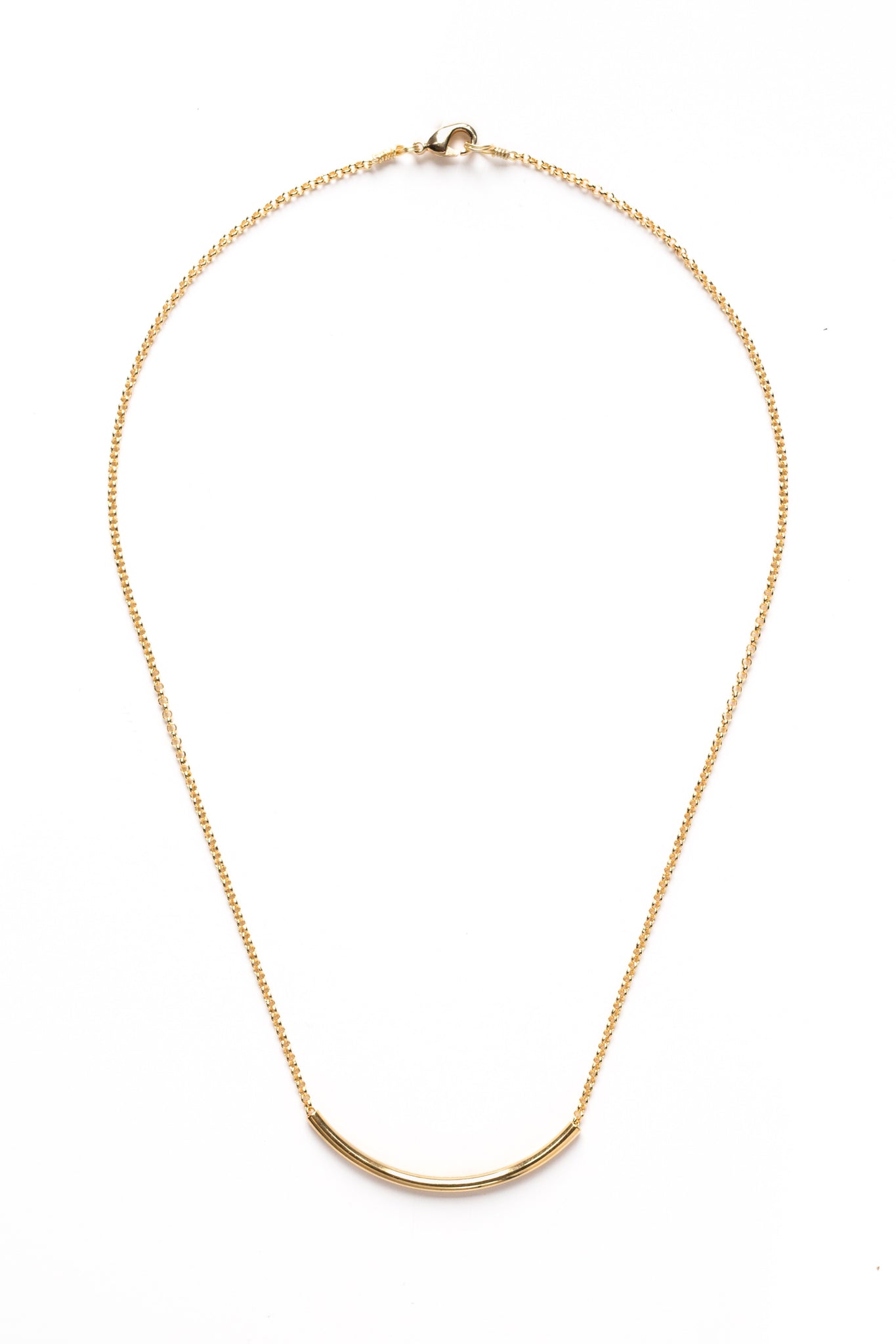 Gold Curve Bar Necklace on Gold Chain