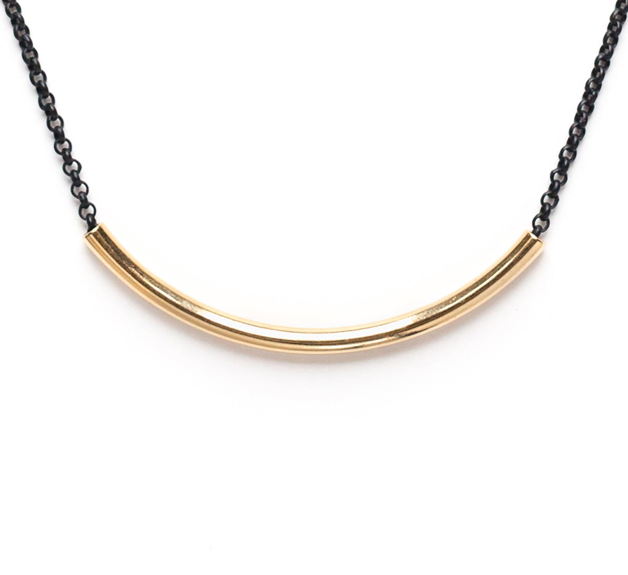 Gold Curve Bar Necklace on Black Chain