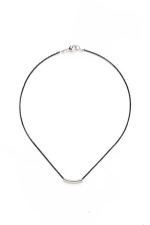 Small Silver Curve Bar on Black Chain Necklace