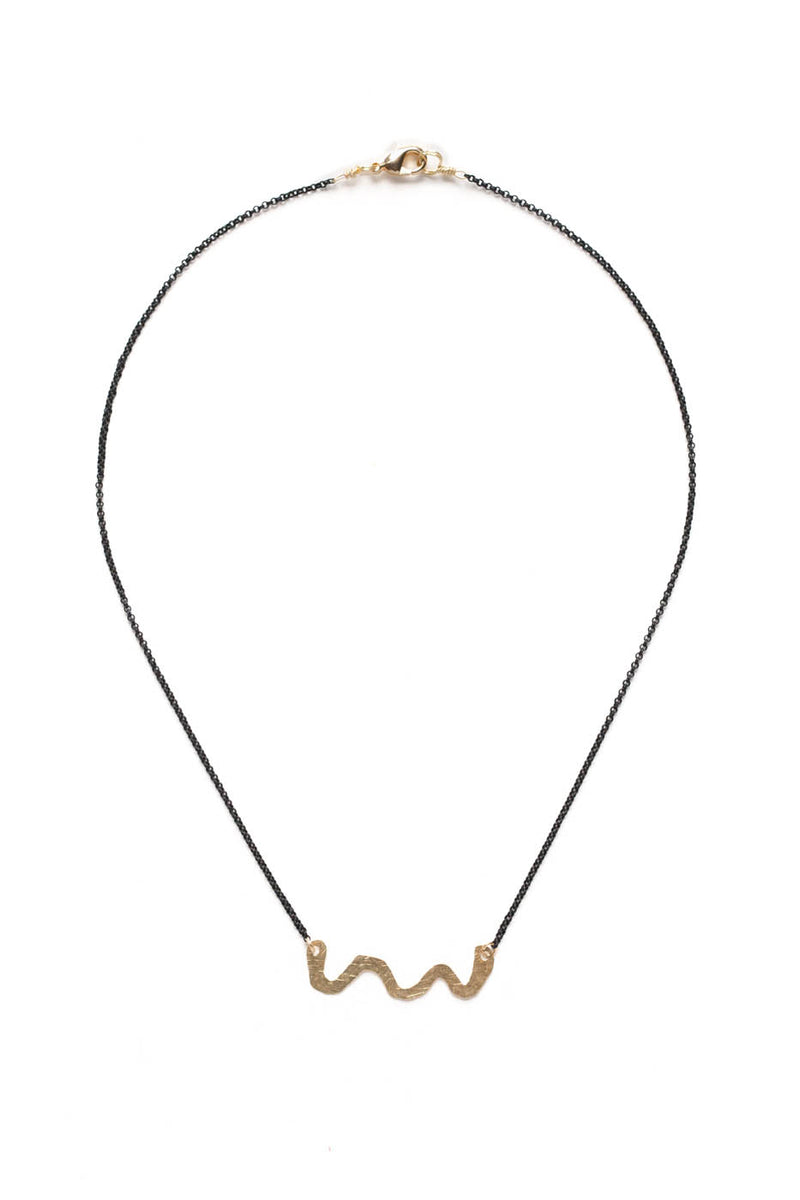 Brass Swiggle Necklace on Black Chain – Collarbone Jewelry