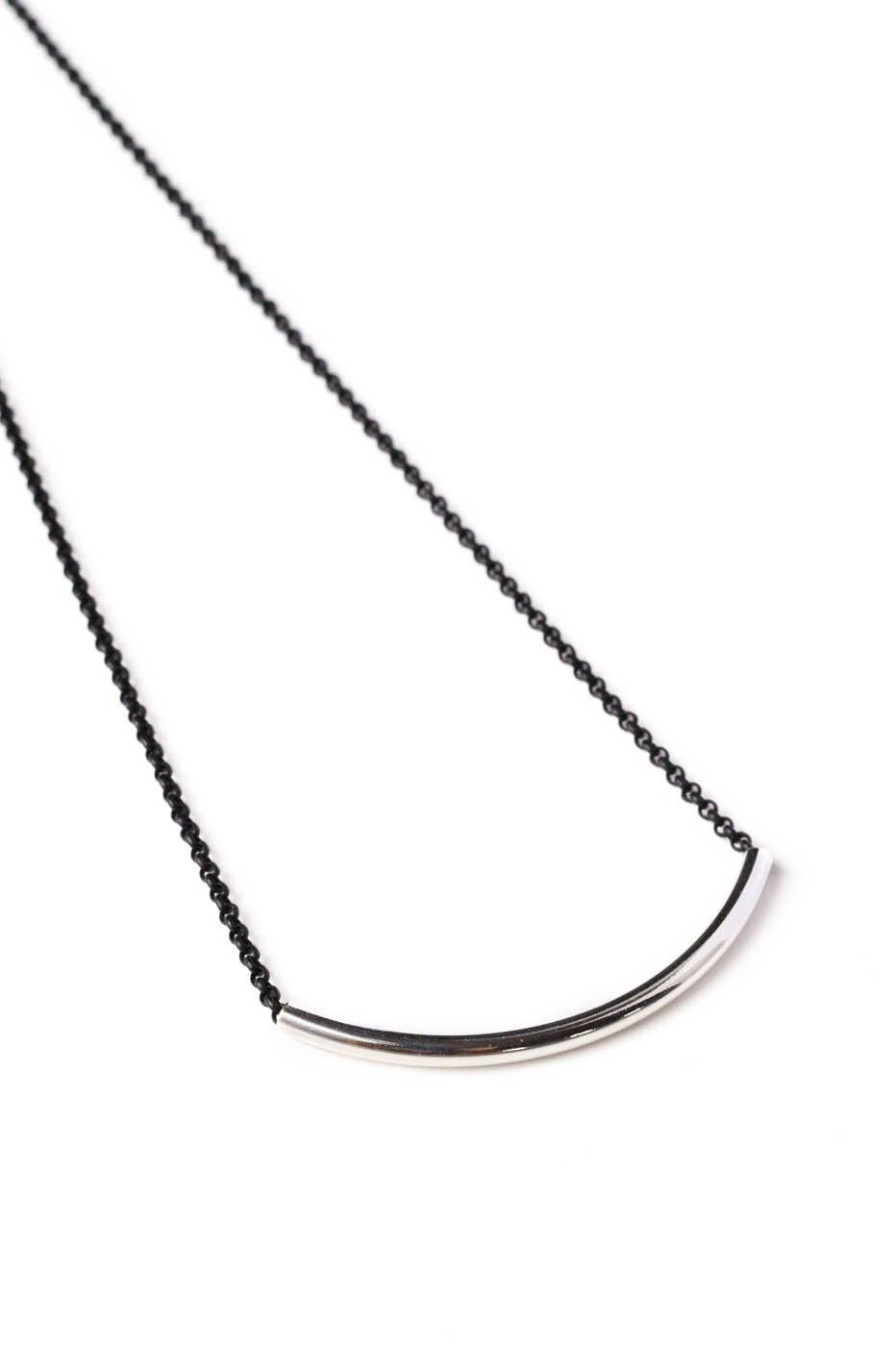 Silver Curve Bar Necklace on Black Chain