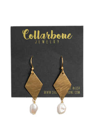 Hammered Brass Diamond + Pearl Earrings