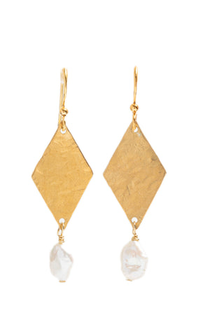 Hammered Brass Diamond + Pearl Earrings