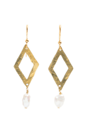 Hammered Brass Open Diamond + Pearl Earrings