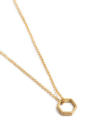 Small Brass Hex Necklace on Gold Chain