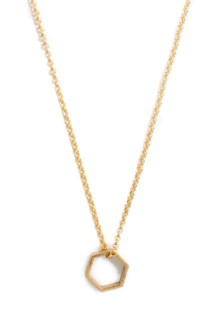 Small Brass Hex Necklace on Gold Chain