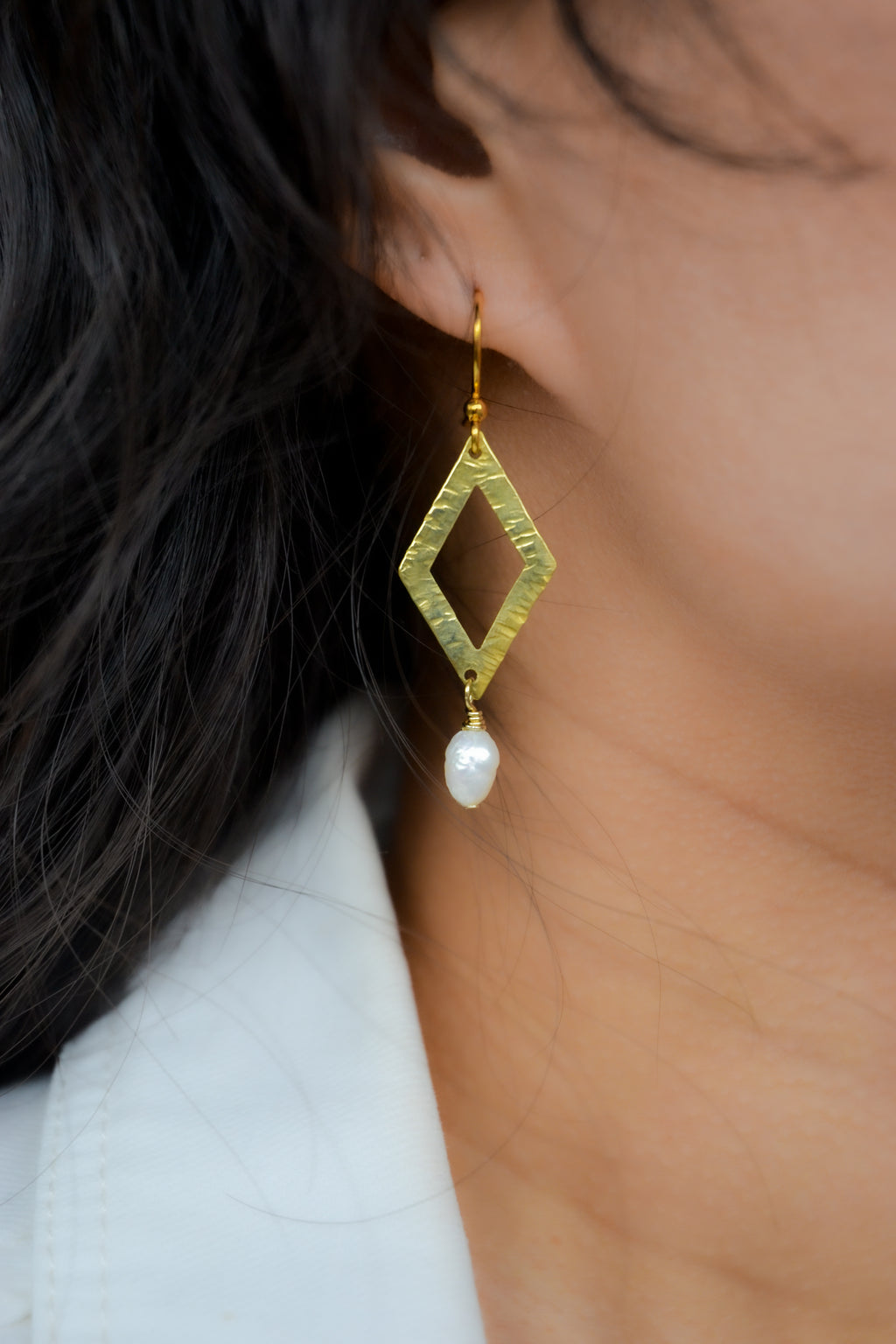 Hammered Brass Open Diamond + Pearl Earrings
