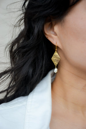 Hammered Brass Diamond + Pearl Earrings