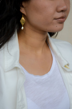 Hammered Brass Diamond + Pearl Earrings