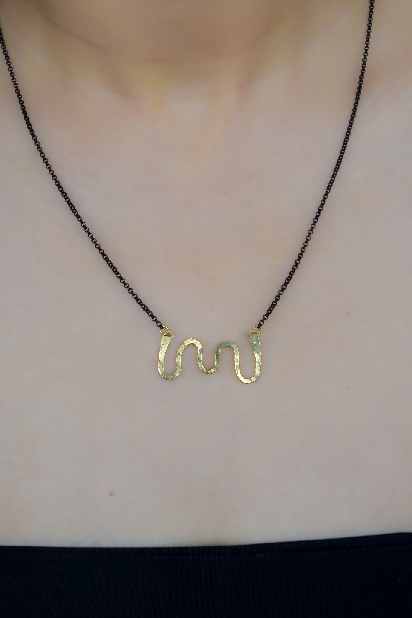 Brass Swiggle Necklace on Black Chain