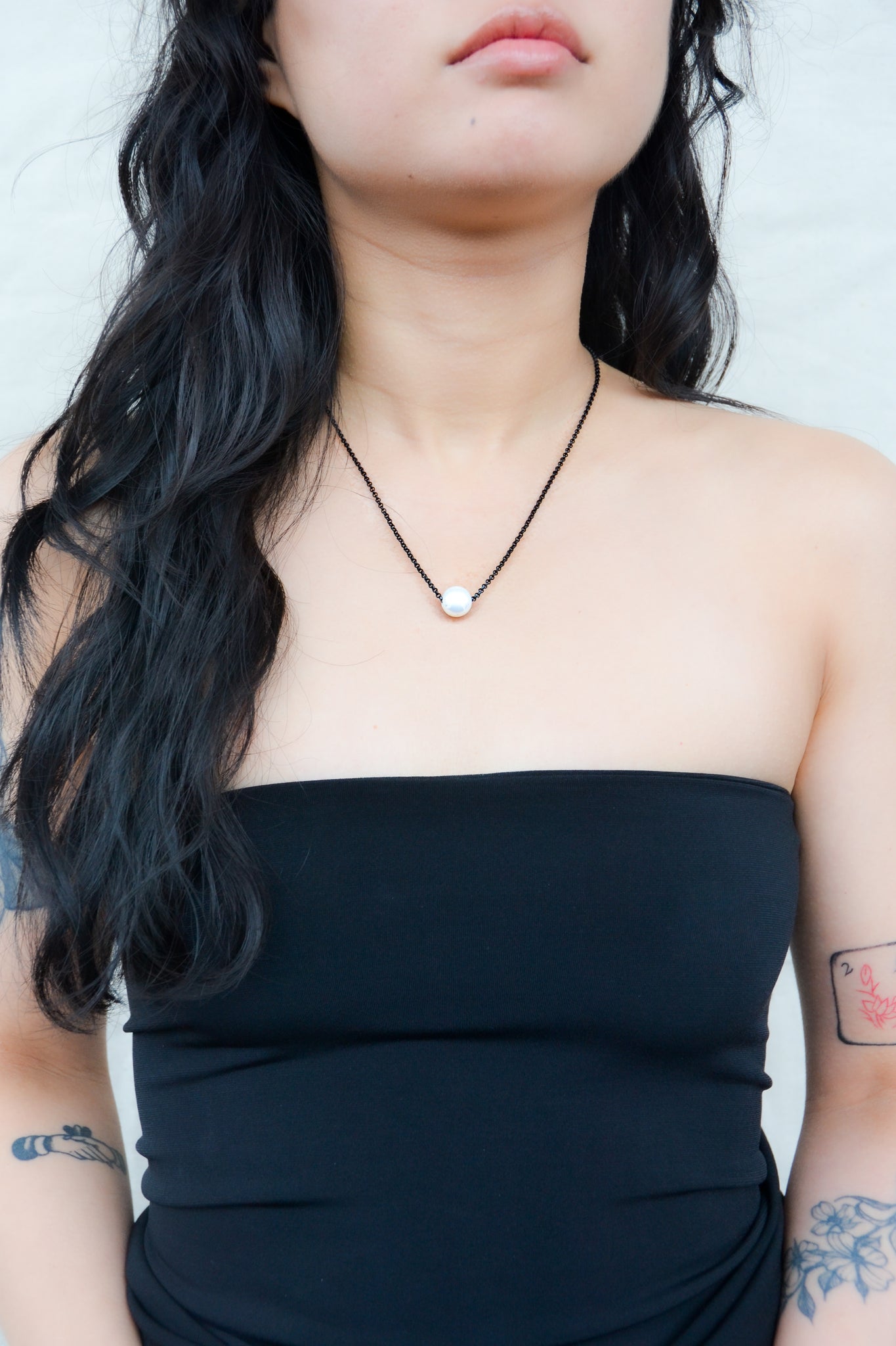 Freshwater Pearl Necklace on Black Chain – Collarbone Jewelry